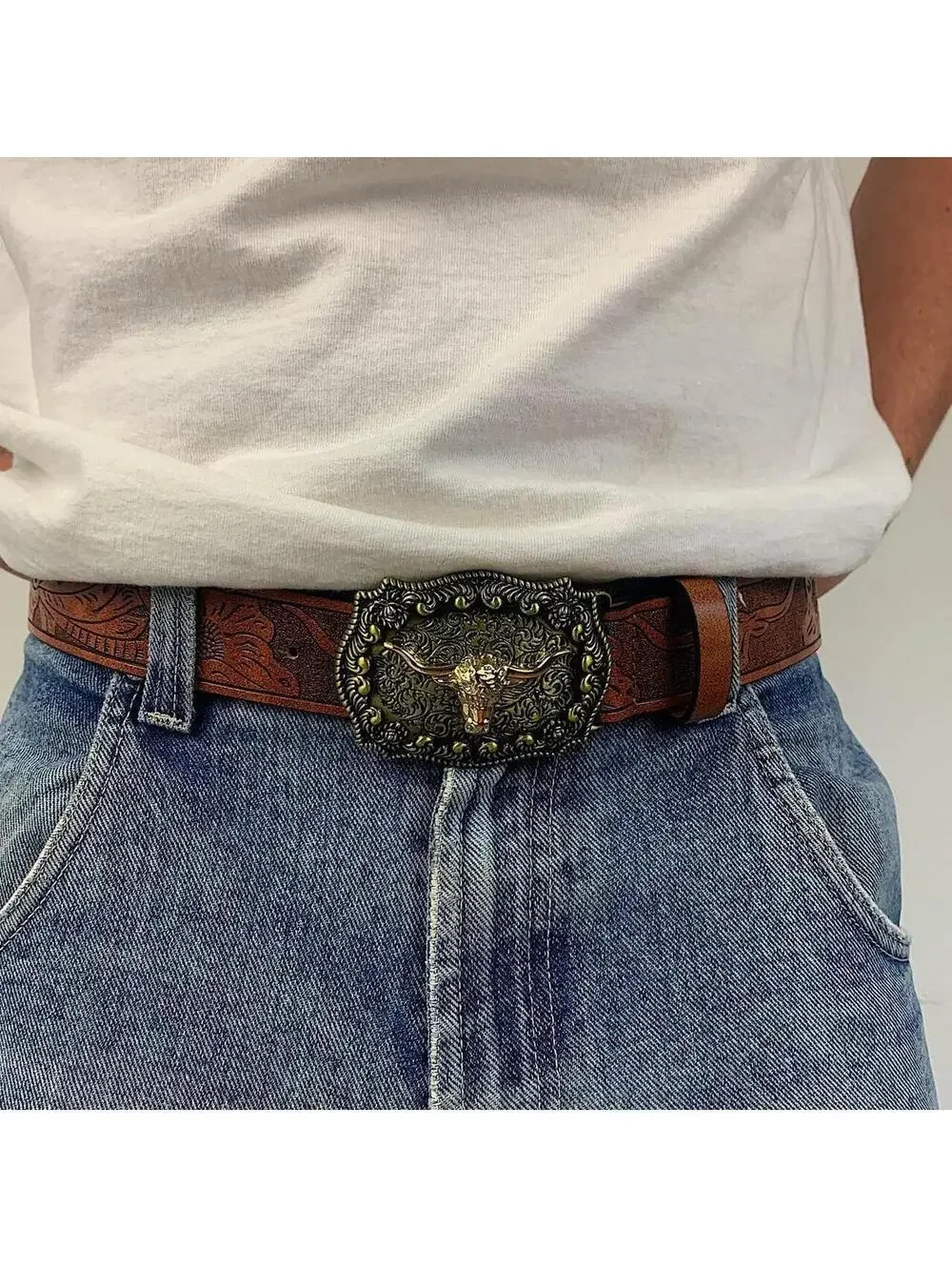 American Western Brown leather belt with silver-toned brass buckle, featuring a